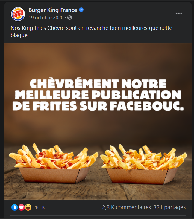 Post Facebook typique de Burger King