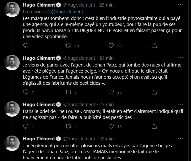 Thread Twitter d'Hugo Clément sur l'affaire Johan Papz
