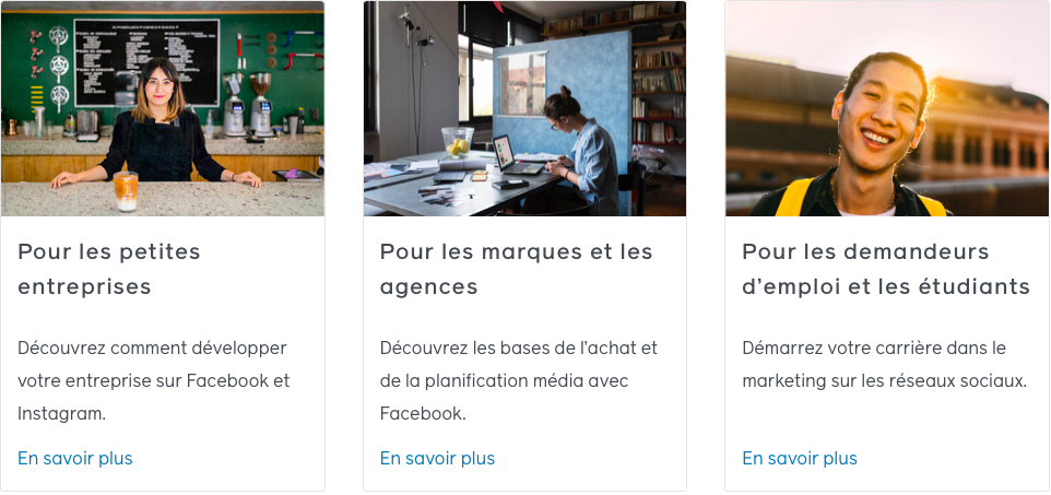 Des exemples de formations proposées par Facebook Blueprint
