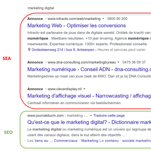 Exemple de seo et sea lors de la recherche : marketing digital sur Google