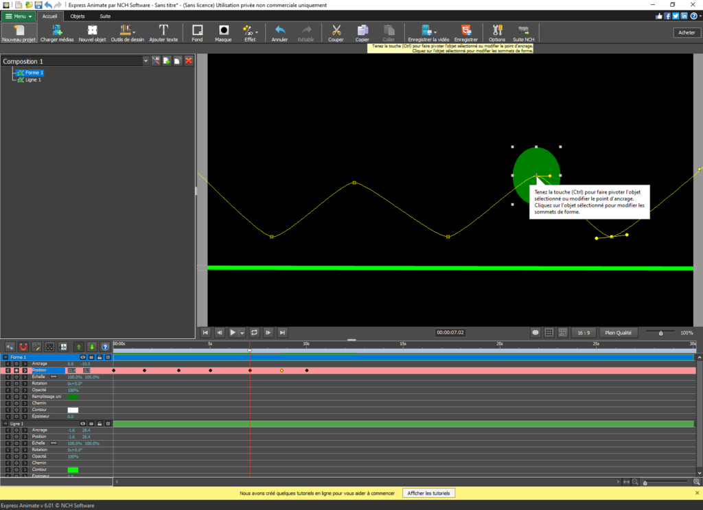 Express Animate en cours d'utilisation pour animer une balle qui rebondit