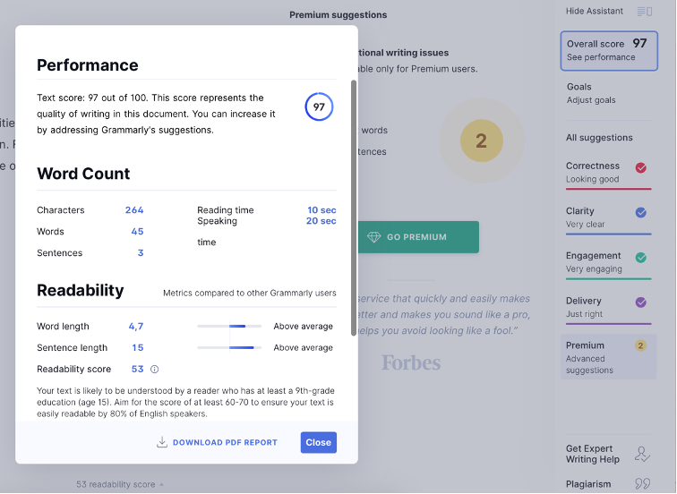 Le correcteur d'anglais te propose un feedback qui te permet d'avoir une vue d'ensemble selon différents facteurs