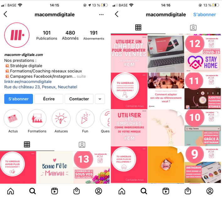 Capture d'écran Instagram de macommdigitale. Conseils de communication digitale.