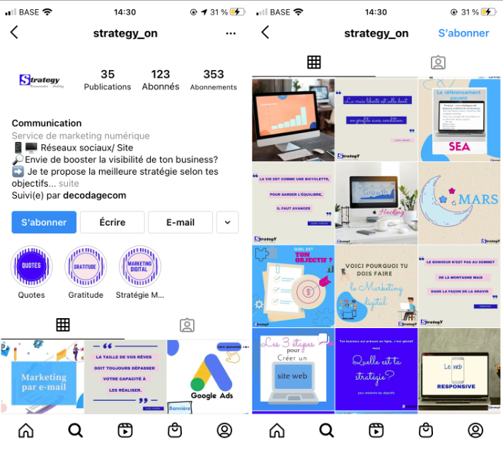 Capture d'écran Instagram de strategy_on. Conseils de communication digitale.
