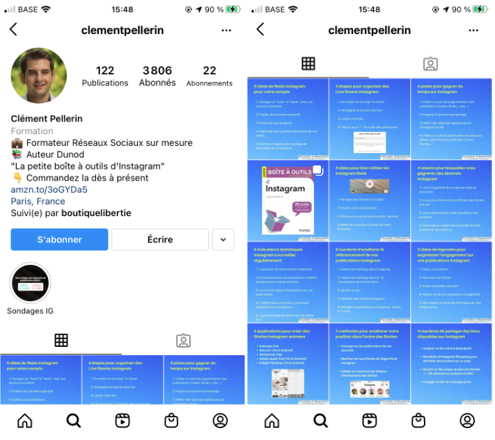 Capture d'écran Instagram de clementpellerin. Conseils de communication digitale.
