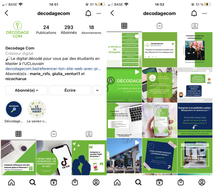 Capture d'écran Instagram de decodagecom. Conseils de communication digitale.