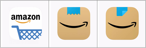 3 images : l'ancien logo de l'application mobile d'Amazon, le nouveau logo comparé à Hitler et le nouveau nouveau logo.
