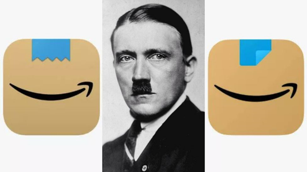 3 images : le nouveau logo de l'application mobile d'Amazon comparé à Hitler, une photo de Hitler et le nouveau nouveau Logo