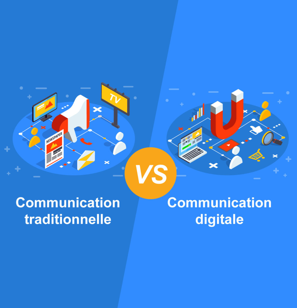 cette image illustre les différences entre la communication traditionnelle et la communication numérique