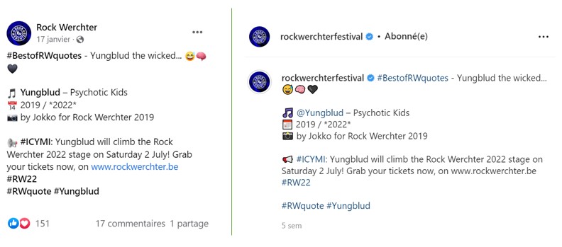 Exemple de posts du festival de musique Rock Werchter